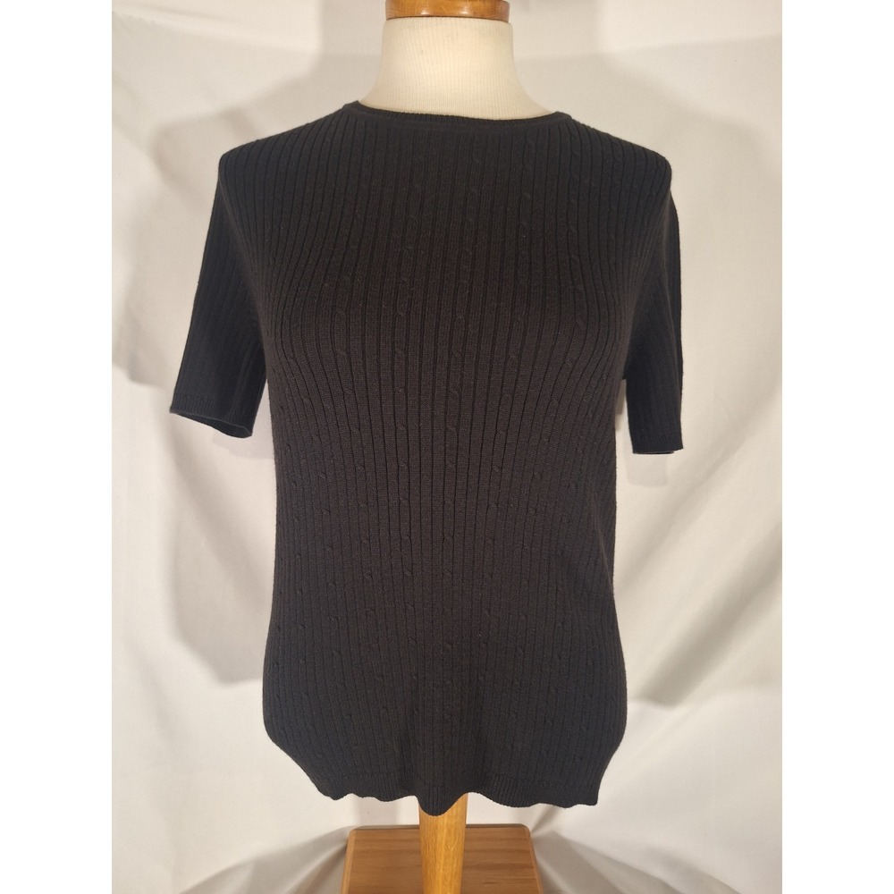 Laura Scott Black Ribbed Knit Short Sleeve Top Casual Everyday